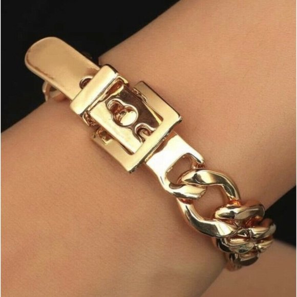 NEW Gold Tone Buckle Bracelet Chunky Chain Link Heavyweight 7” - 8” - Picture 4 of 4